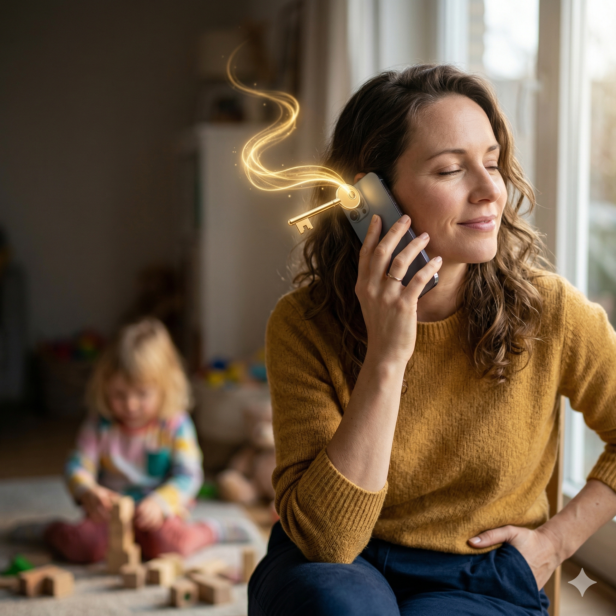 Anya telefonon kap támogatást az ablaknál, miközben gyermeke a szobában játszik; a fénylő kulcs a segítséget jelképezi.