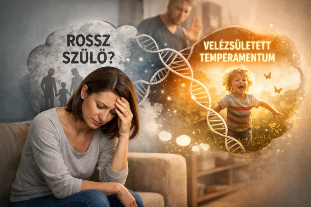 Egy elgyötört anya gondolatai: az egyik oldalon a sötét 'ROSSZ SZÜLŐ?' felirat, a másikon a fényes 'VELESZÜLETETT TEMPERAMENTUM' felirat látható egy DNS-spirállal és egy nevető kisfiúval összekötve.Szembenállás vagy vívódás.