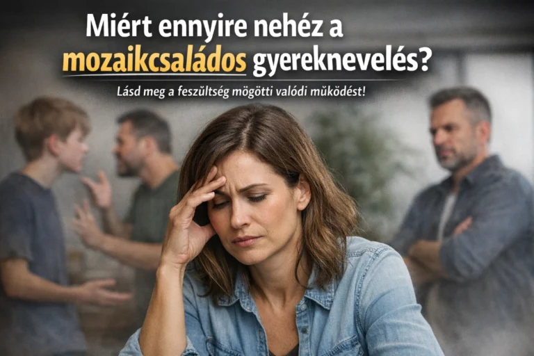 romóciós grafika „Miért ennyire nehéz a mozaikcsaládos gyereknevelés?” felirattal, előtérben gondterhelt nővel, háttérben feszült családi jelenettel.