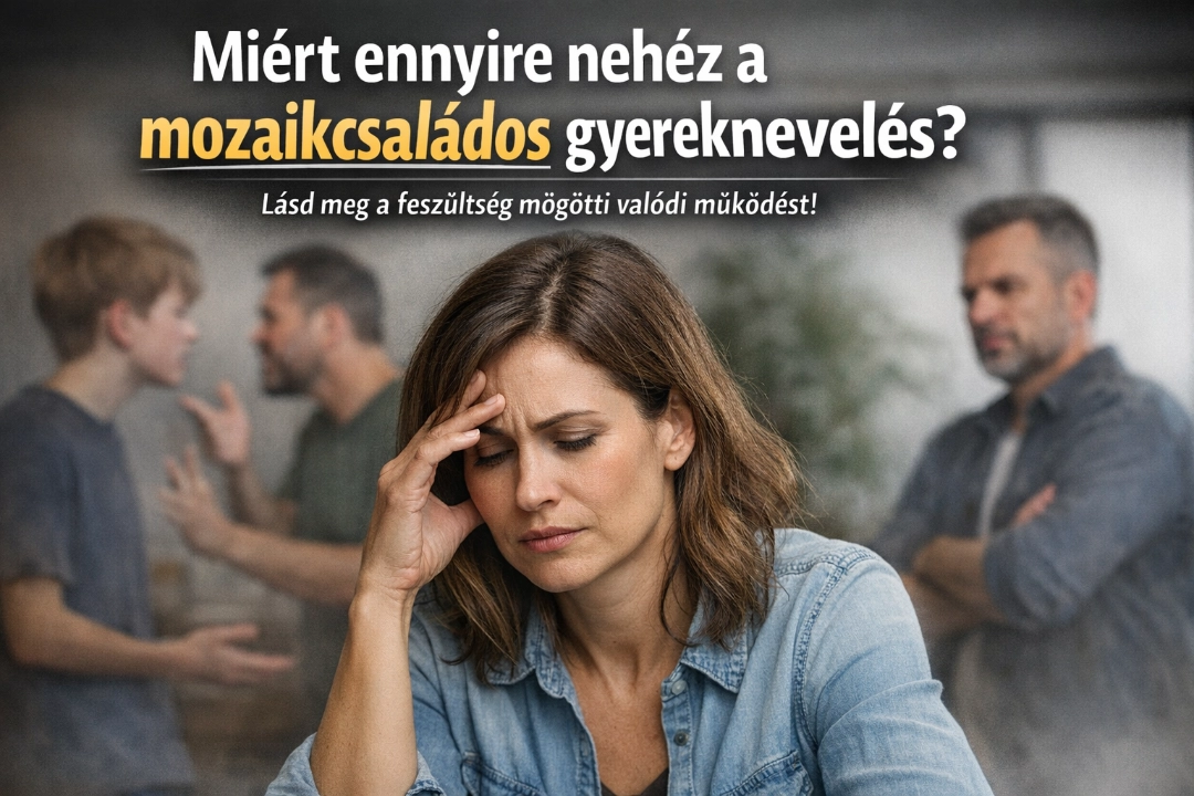 romóciós grafika „Miért ennyire nehéz a mozaikcsaládos gyereknevelés?” felirattal, előtérben gondterhelt nővel, háttérben feszült családi jelenettel.