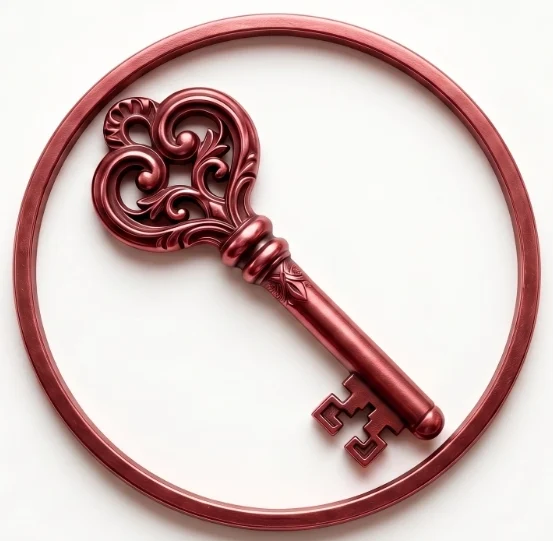 Díszes kulcs logó kör alakú keretben.