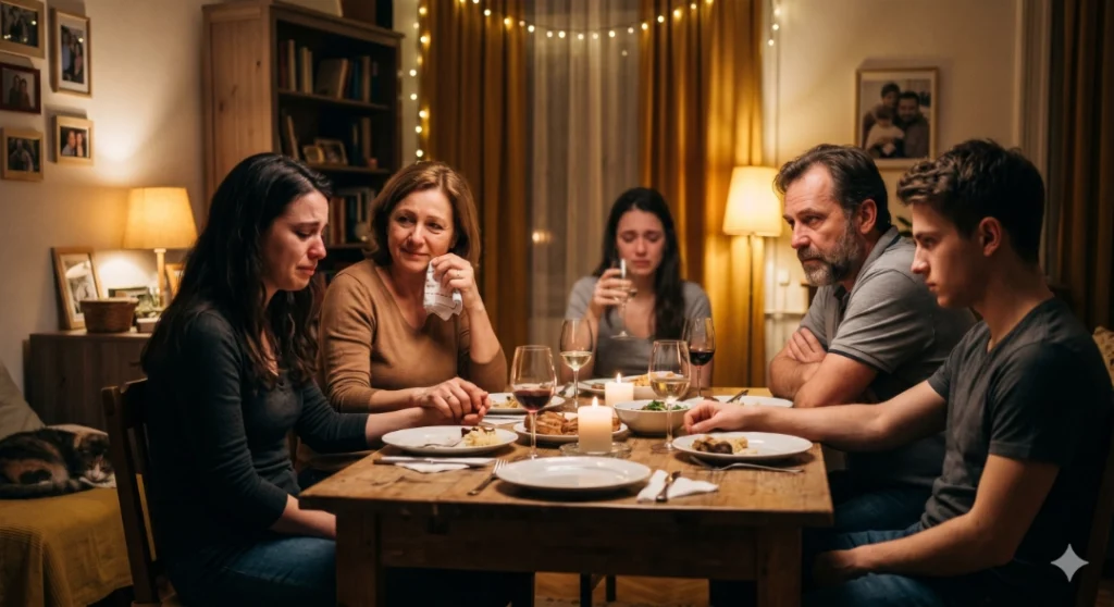 Családtagok feszülten ülnek az asztalnál esti otthoni vacsora közben.