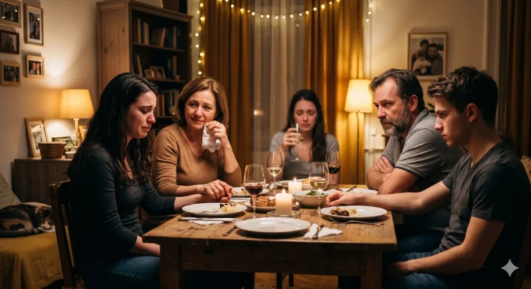 Családtagok feszülten ülnek az asztalnál esti otthoni vacsora közben.