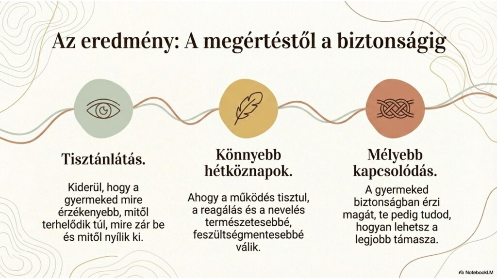 Infografika a megértéstől az érzelmi biztonságig vezető szülői útról.