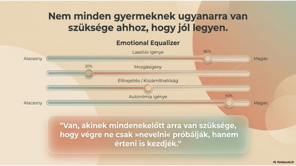 Érzelmi equalizer csúszkák: lassítás, mozgásigény, kiszámíthatóság és autonómia.