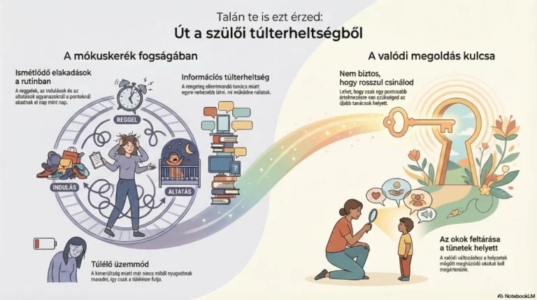 Út a szülői túlterheltségből infografika. Bal oldalon a mókuskerék fogságában szakasz látható ismétlődő elakadásokkal (reggel, indulás, altatás), információs túlterheltséggel és túlélő üzemmóddal. Egy szivárványos út vezet a jobb oldalra, a valódi megoldás kulcsához, ahol egy kulcs nyitja a megértés kapuját. Itt a szöveg kiemeli, hogy nem biztos, hogy a szülő rosszul csinálja, hanem pontosabb értelmezésre van szükség. Alul egy anya nagyítóval vizsgálja a gyermekével való kapcsolódást az okok feltárása érdekében.