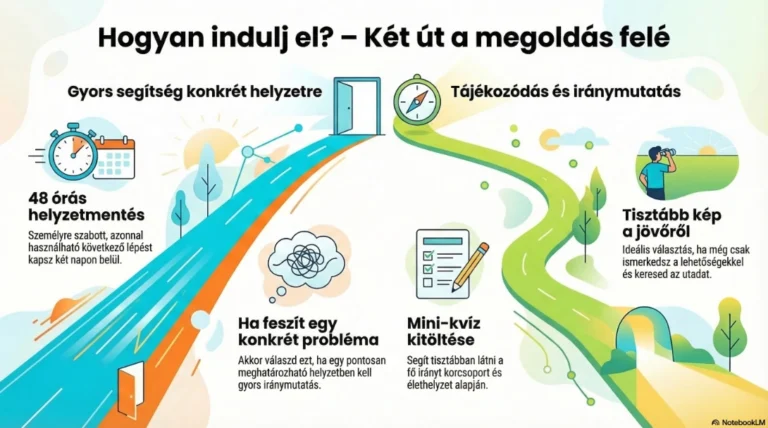 Infografika két indulási lehetőségről: balra 48 órás helyzetmentés konkrét problémára, jobbra mini-kvíz és iránymutatás a megfelelő út megtalálásához.