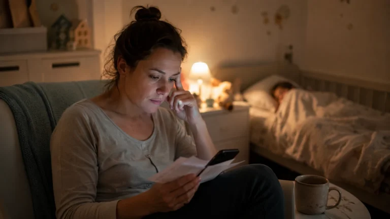 Nő éjjel aggódó arckifejezéssel néz egy papírlapot és a telefonját, háttérben alvó gyermek