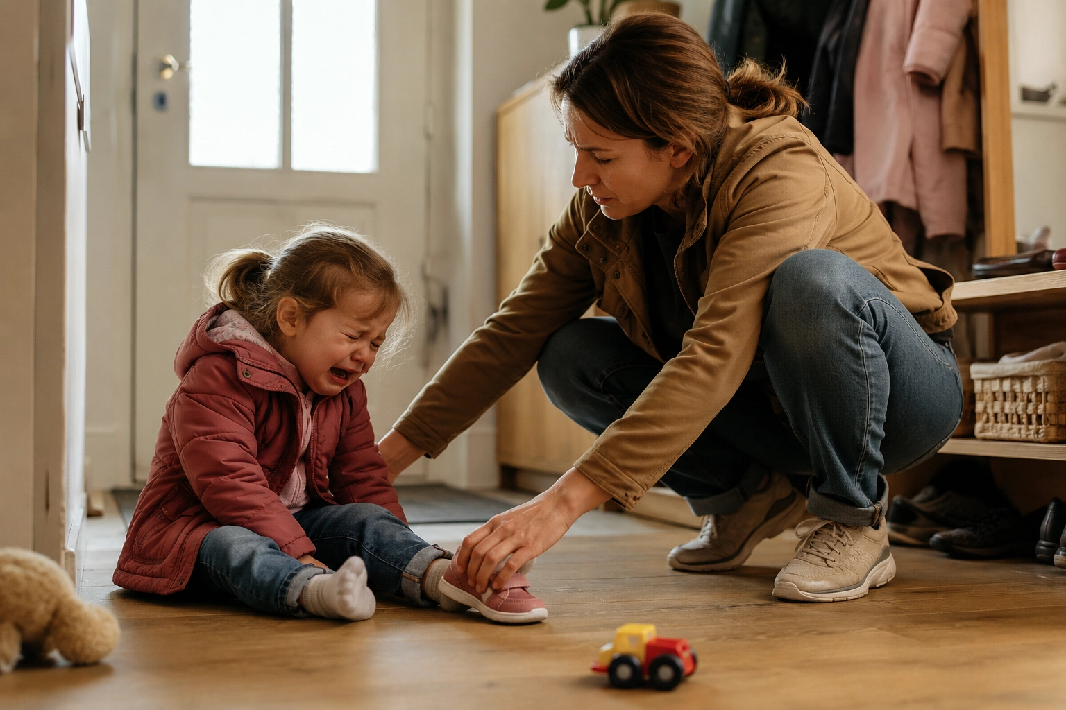 Anya leguggol síró kisgyermeke mellé indulás előtt az előszobában.